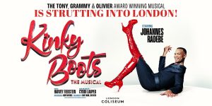 A vibrant stage scene from Kinky Boots, featuring performers in colourful costumes and high-heeled boots.