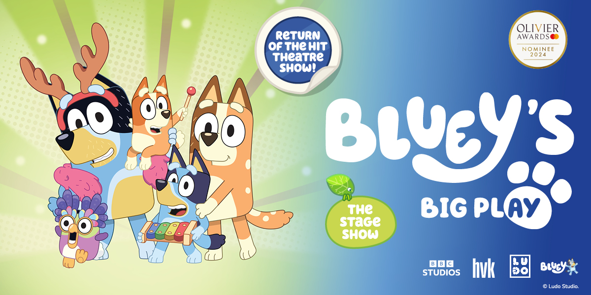 Bluey and Bingo play together on a vibrant green grass field, surrounded by colourful flowers and trees.