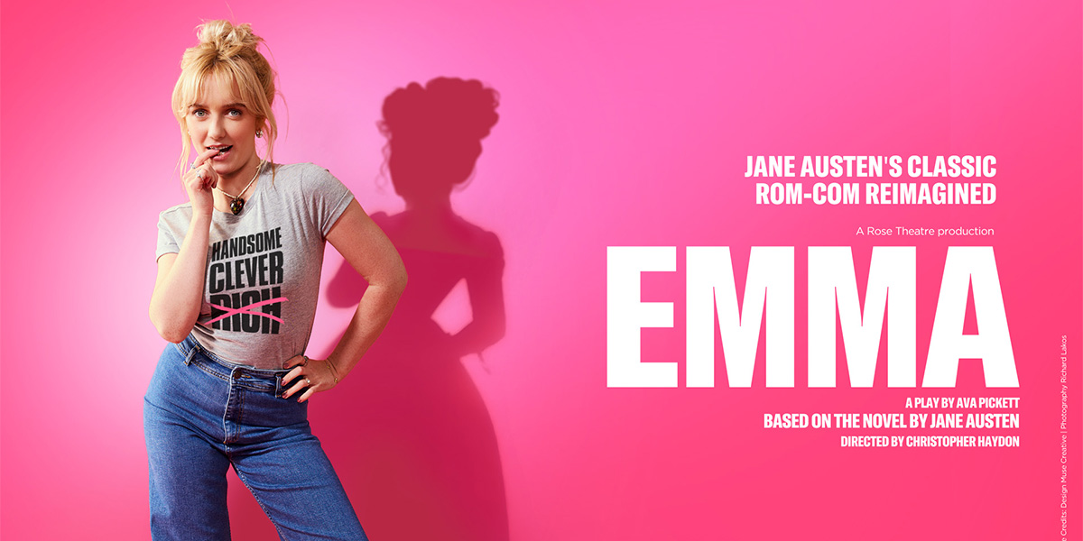 the background is bright pink. On the left is an image of a person with blonde hair which is tied up. They are wearing blue jeans and a white t-shirt. On the right it reads 'Emma'