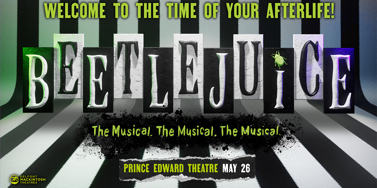 A vibrant poster featuring Beetlejuice in a striped suit, surrounded by whimsical, ghostly characters and colourful backgrounds.