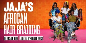 A vibrant display of Jaja's African Hair Braiding showcasing various braided hairstyles against a colourful backdrop.