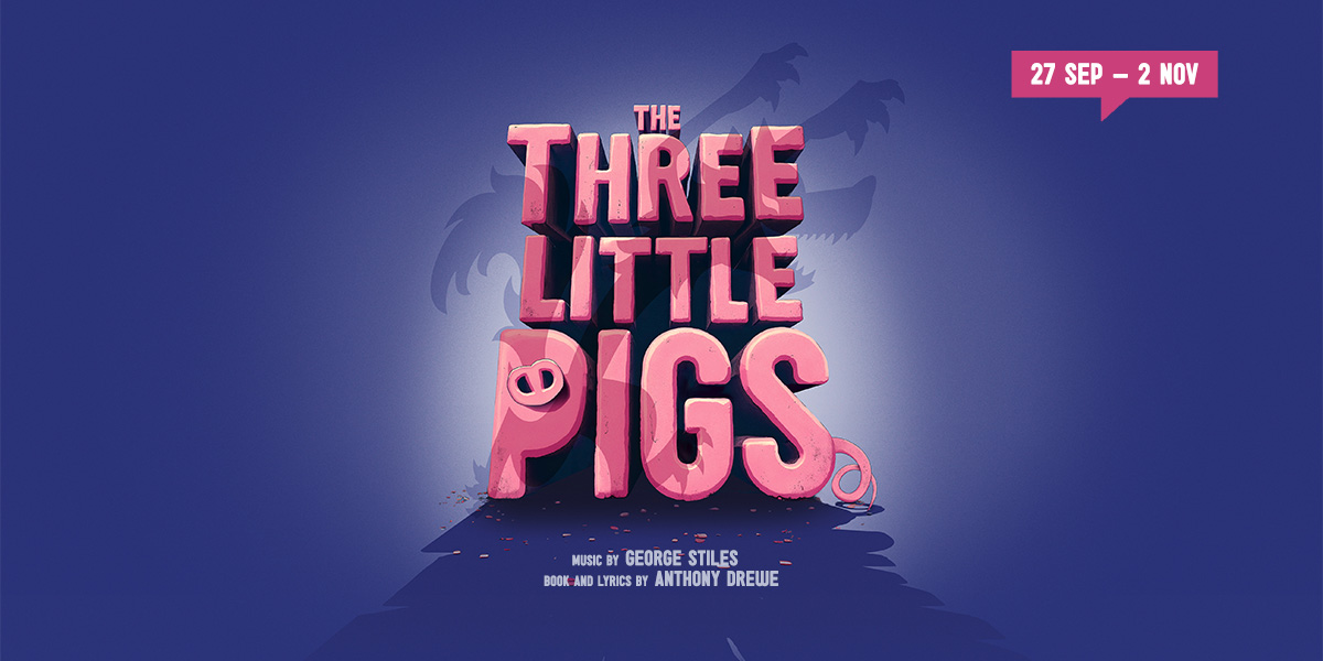 Three cartoon pigs in various colours, standing together in a grassy field with a blue sky background.