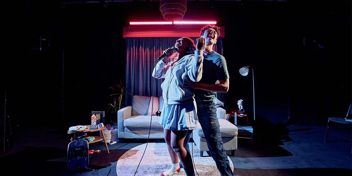 Tia Bannon as Billie and Jerome Yates as Peter perform in 'I'm Not Being Funny' at Bush Theatre.