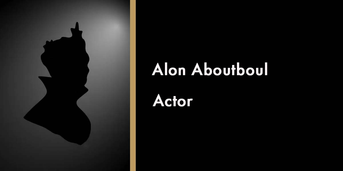 Silhouette of Alon Aboutboul against a black background, with his name and title "Actor" displayed.
