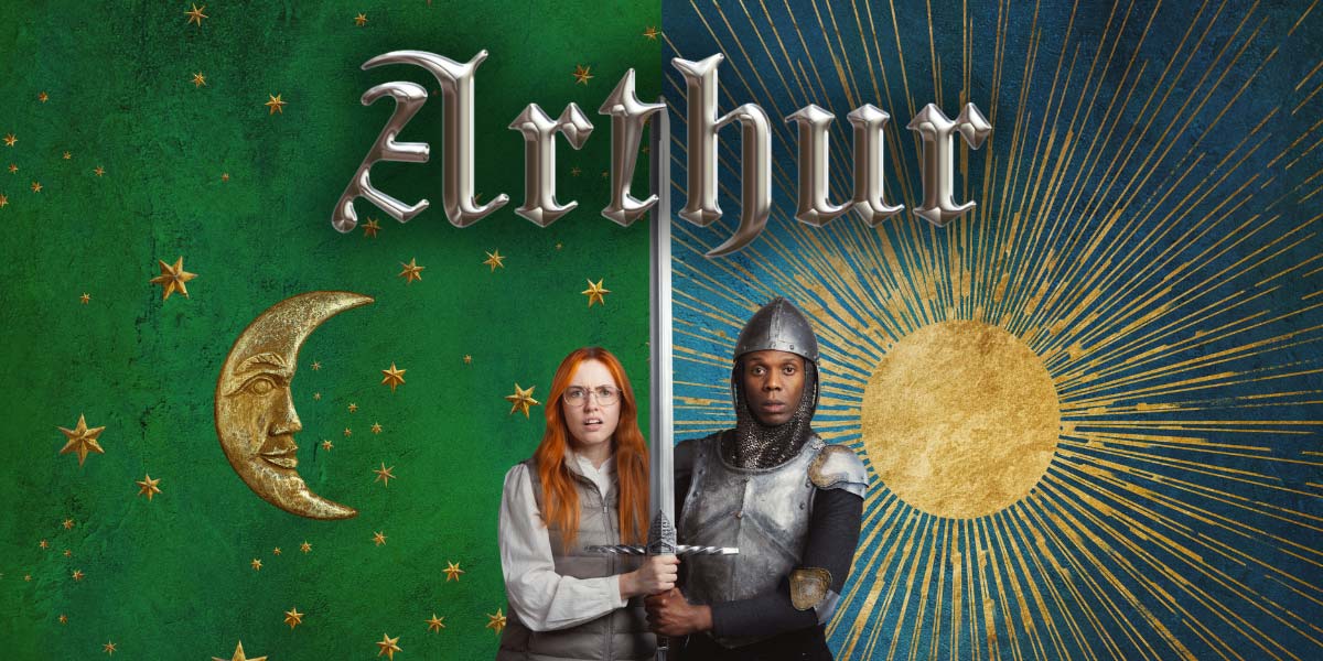 A woman with red hair and a knight hold a sword, with a starry green background and sun.