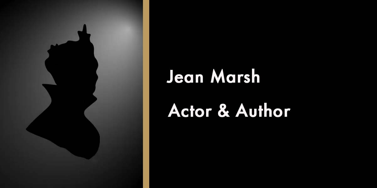 Silhouette of Jean Marsh against a gradient background, with text identifying her as an actor and author.
