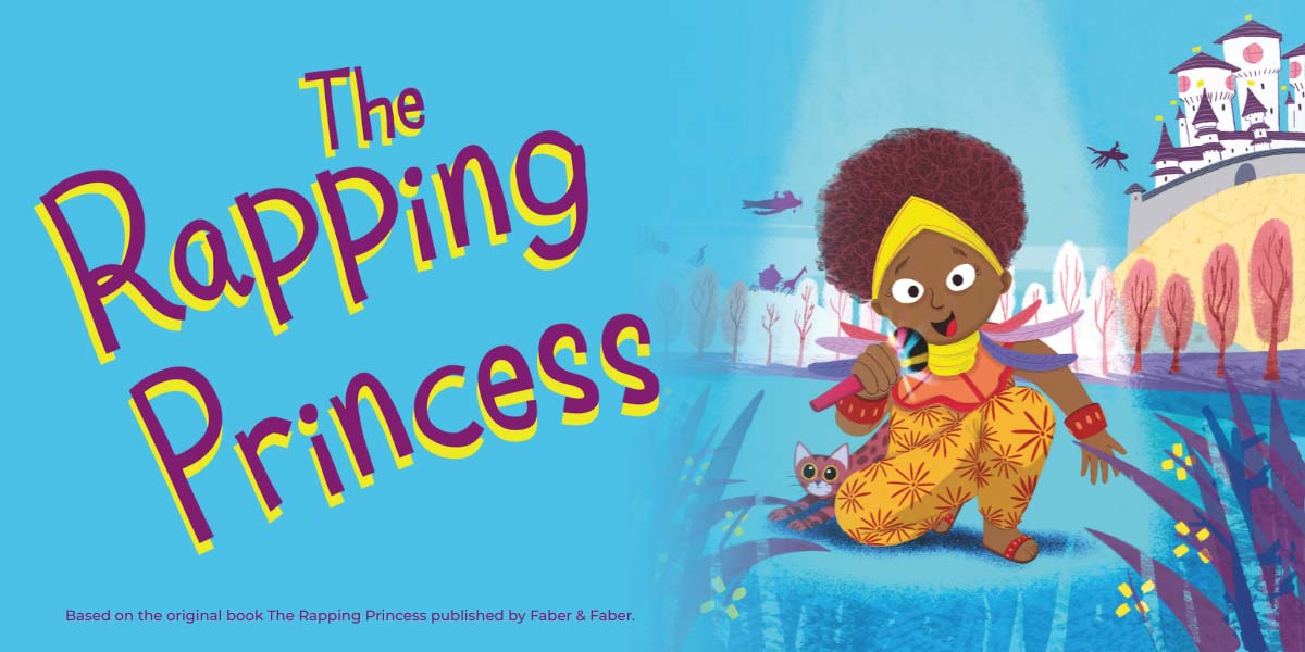 A cartoon child with brown curly hair and a yellow headband holds a microphone against a blue background.