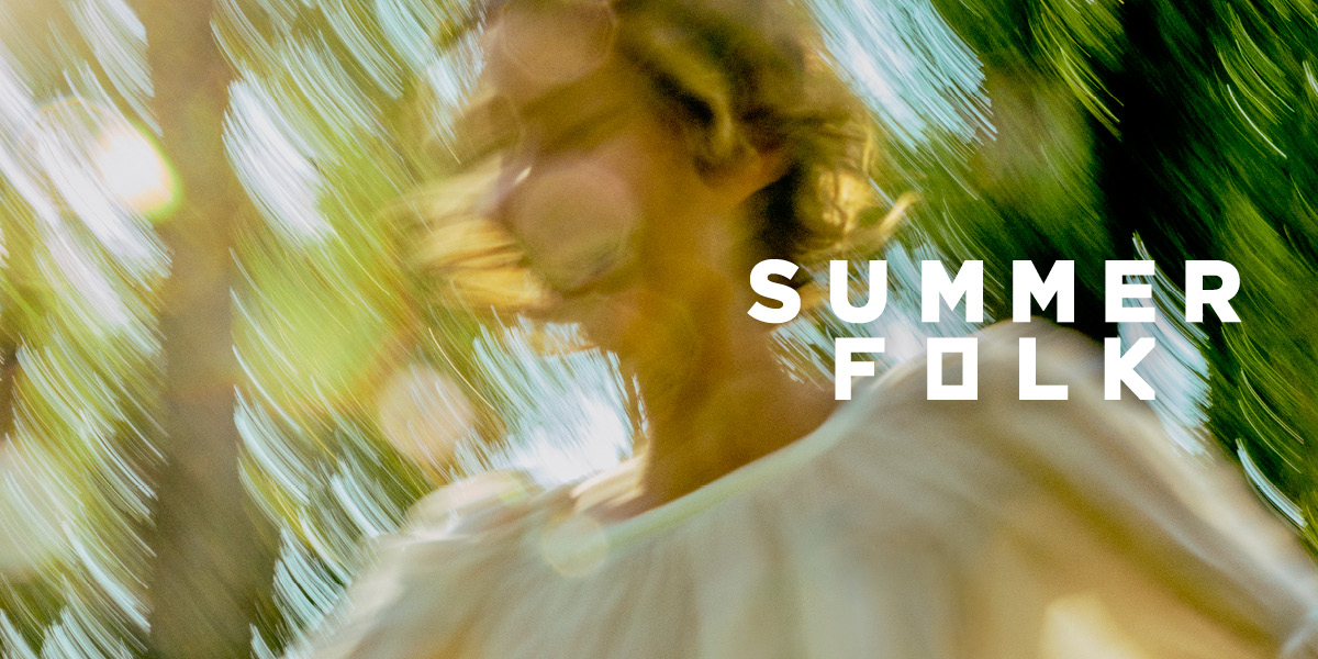 Colourful promotional graphic for Summerfolk festival, featuring vibrant text and abstract designs, with a festive background.