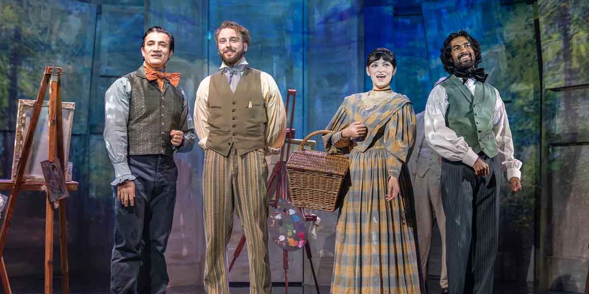 Dean John-Wilson, Sam Peggs, Brooke Bazarian, and Ritesh Manugula perform on stage, dressed in period costumes.