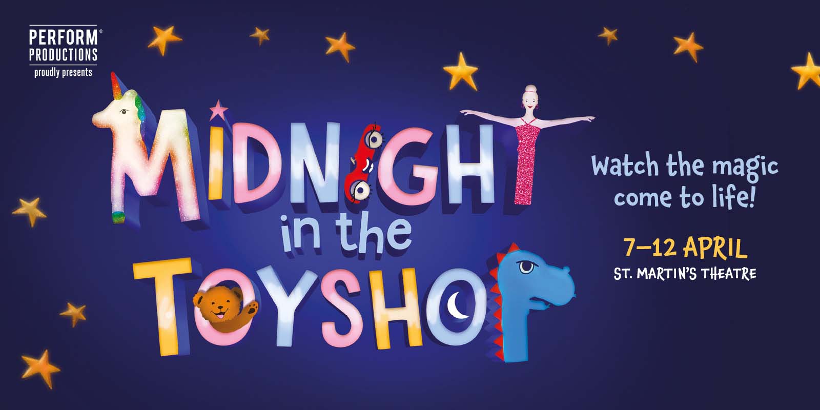 Colourful promotional poster for "Midnight in the Toyshop," featuring playful letters, stars, and a unicorn.