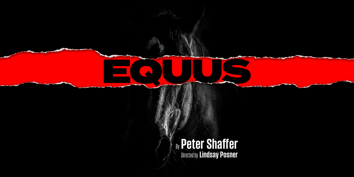 Black and white image featuring a horse's face, with bold red text reading "EQUUS" across the centre.