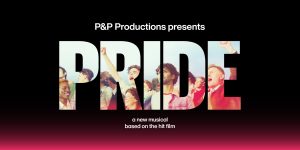 A diverse group of people joyfully celebrating, with the word "PRIDE" prominently displayed in the centre.