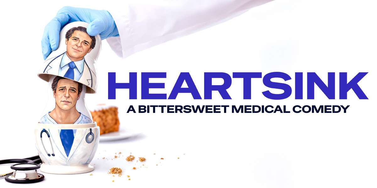 A gloved hand holds a nesting doll depicting a doctor, with the title "HEARTSINK" prominently displayed.