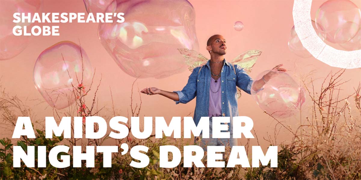 A vibrant scene from A Midsummer Night's Dream at the Globe Theatre, featuring actors in elaborate costumes.