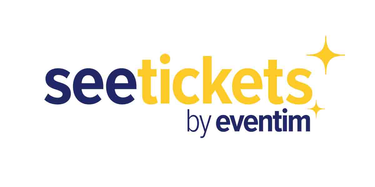 Logo for See Tickets by Eventim, featuring bold text in blue and yellow with decorative stars.