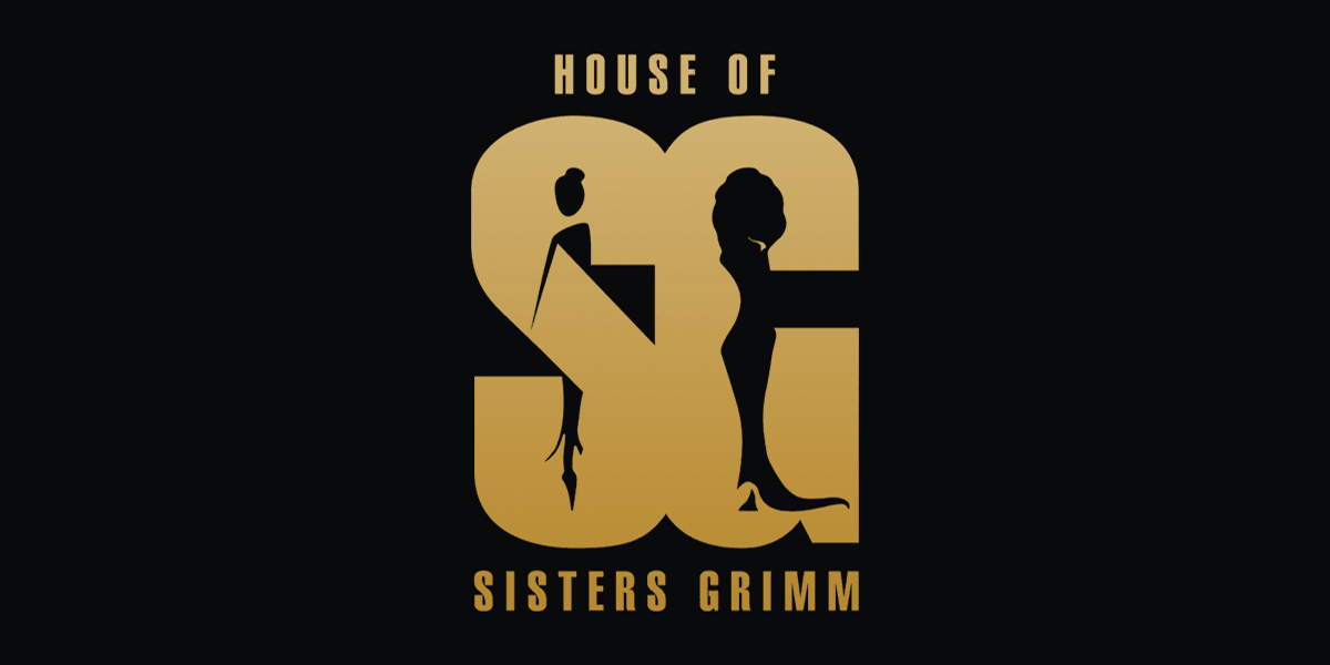 Gold logo of "House of Sisters Grimm" featuring stylised silhouettes against a black background.