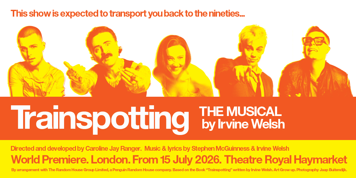 A vibrant stage scene from "Trainspotting The Musical," featuring actors in dynamic poses and colourful costumes.