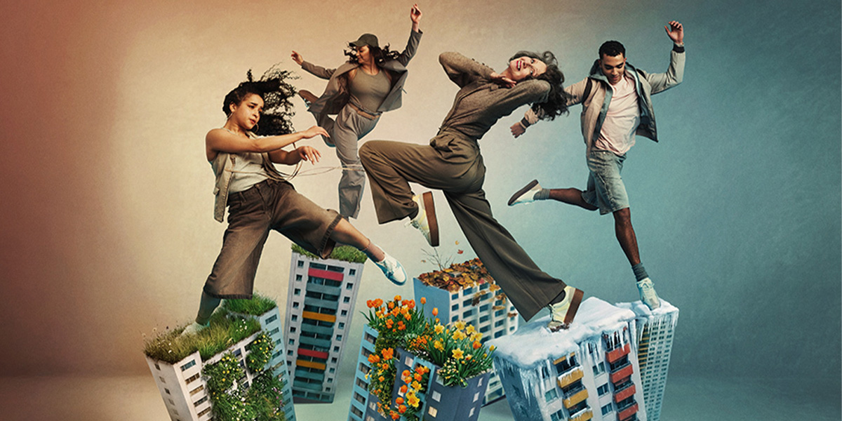 A serene landscape depicting four distinct seasons: spring blossoms, summer greenery, autumn foliage, and winter snow.