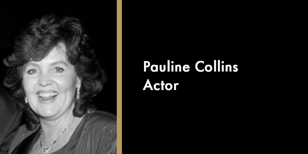 A portrait of Pauline Collins, smiling, with a soft-focus background, framed in a memorial tribute.