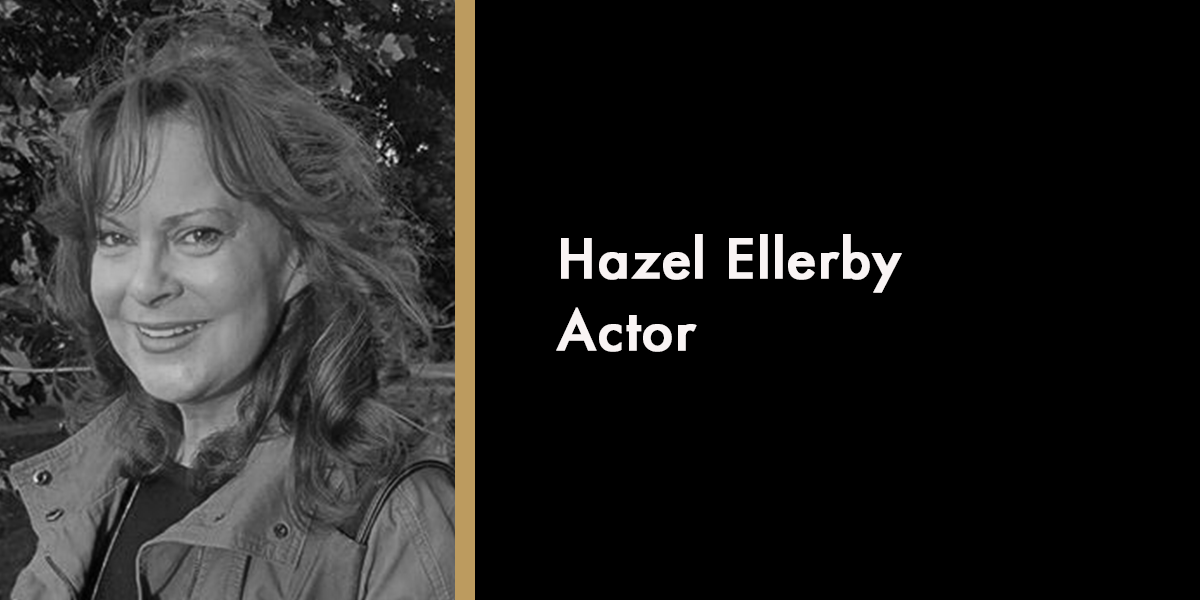 A tribute image featuring Hazel Ellerby, with floral arrangements and a soft background in muted colours.