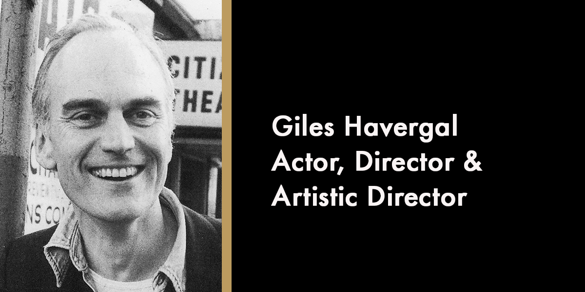 A memorial portrait of Giles Havergal, featuring a serious expression against a dark background.