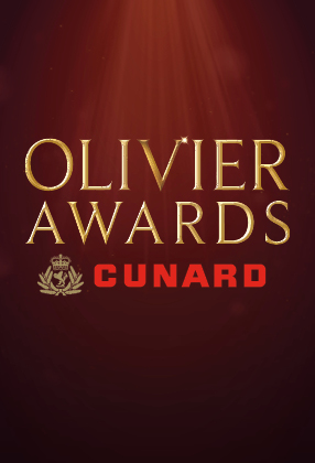 Gold text reads "OLIVIER AWARDS" above red text "CUNARD" on a dark red background with light rays.