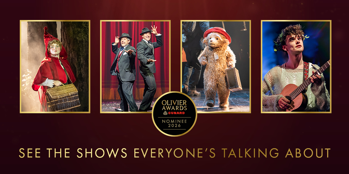 Olivier Awards logo displayed prominently on a dark background, featuring elegant typography and a gold colour scheme.