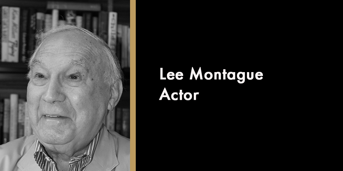 A memorial tribute for Montague Lee, featuring a portrait and floral arrangements in a solemn setting.