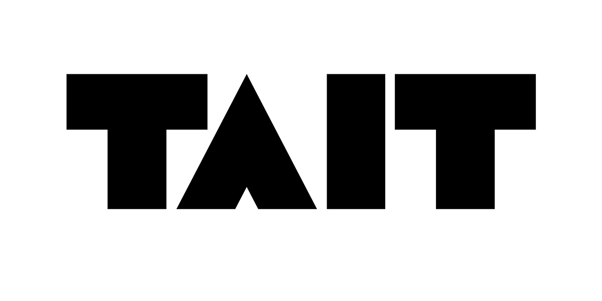 Black and white logo of TAIT, featuring bold letters with a triangular design element.