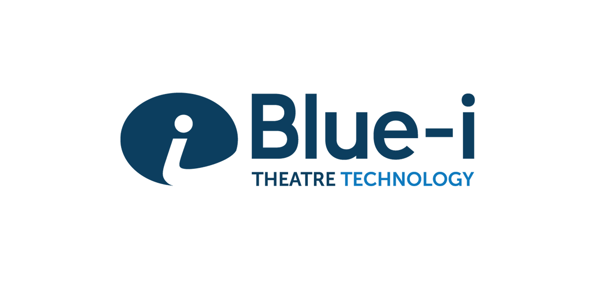 Logo for Blue-i Theatre Technology, featuring a dark blue circular icon and bold text on a white background.