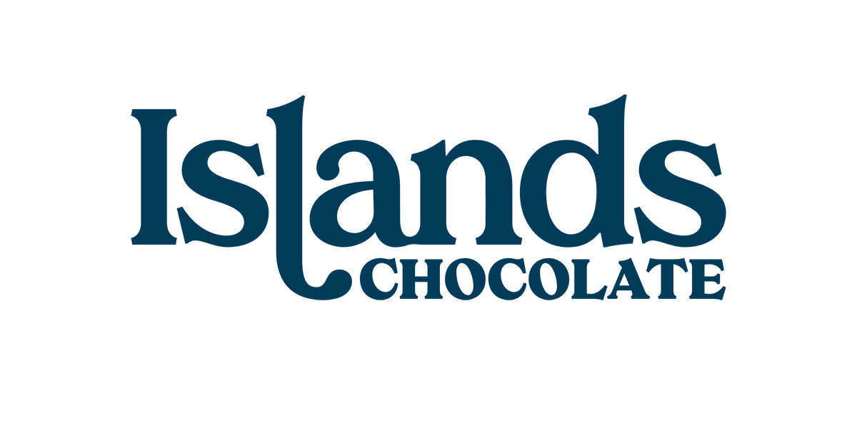 Logo for Islands Chocolate, featuring dark blue text on a white background, with "Islands" prominently displayed.