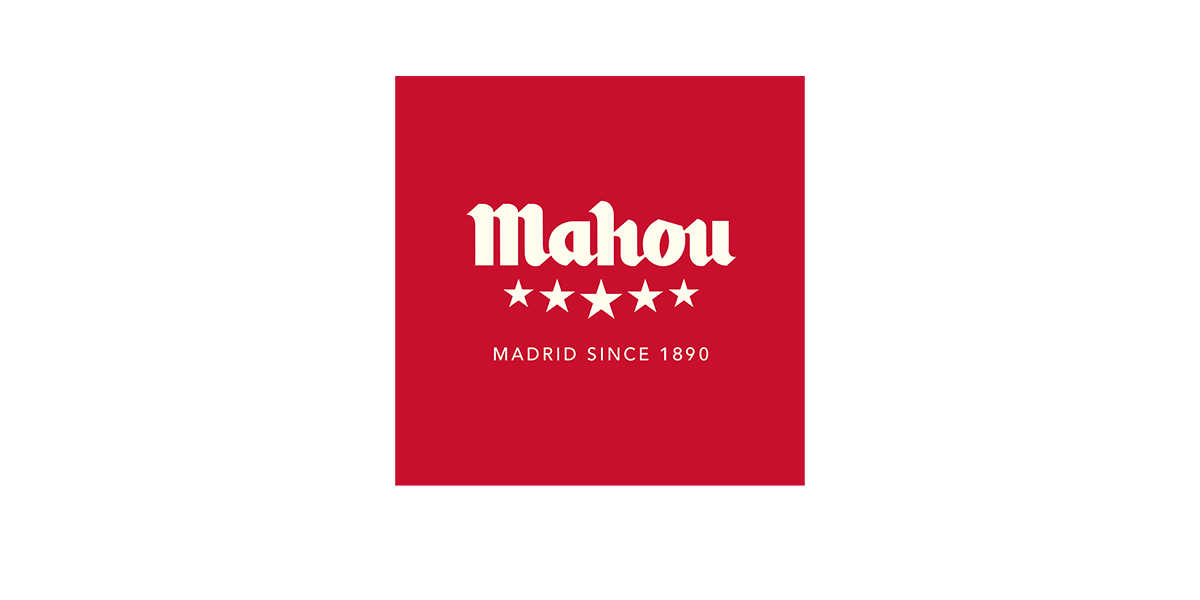 Red square featuring the word "Mahou" in white, with five stars and "Madrid since 1890" below.