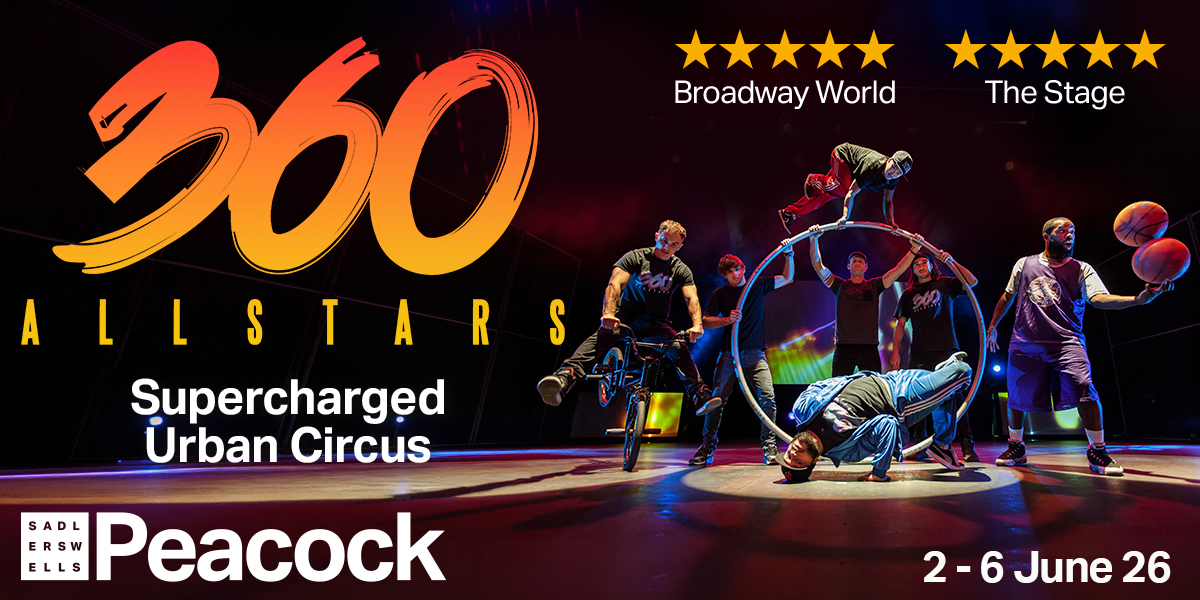 A dynamic performance scene featuring acrobats in vibrant costumes, showcasing impressive stunts against a dark background.