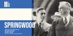 A black and white photograph of two smartly dressed people is shown against a blue and white background. On the left it reads 'Springwood'