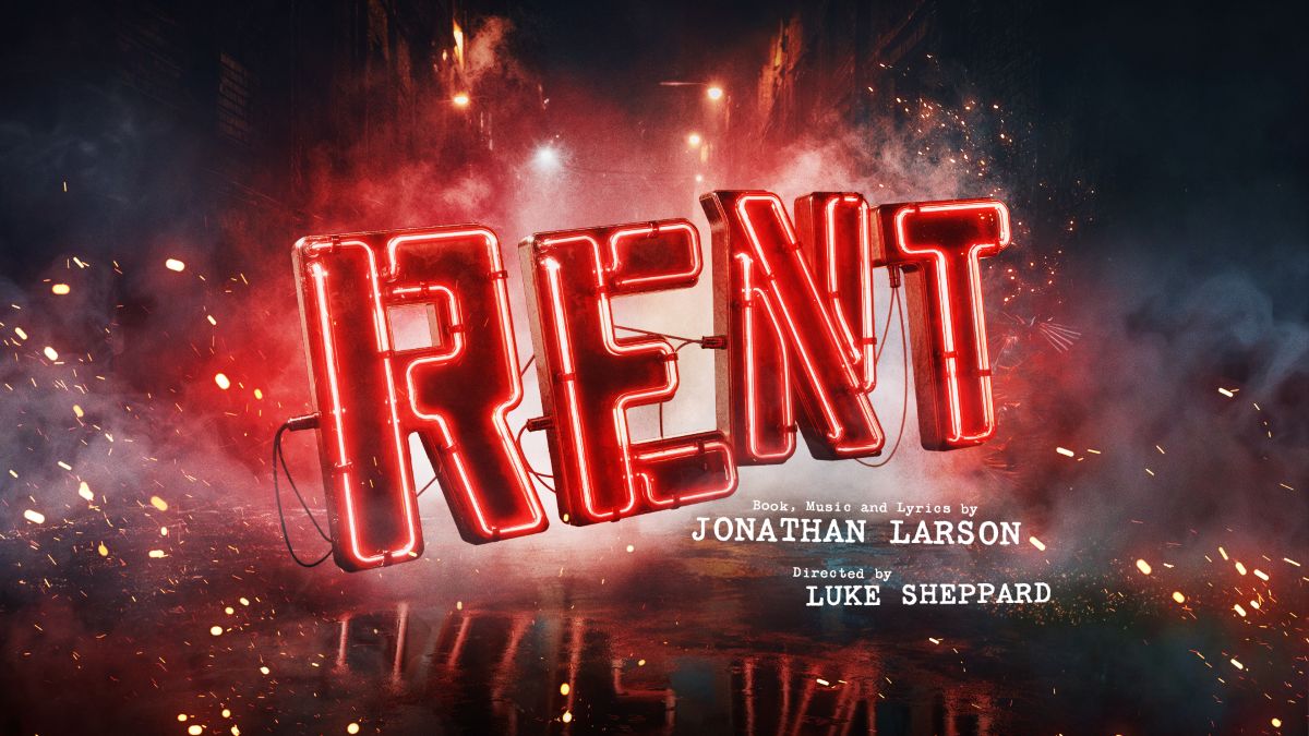 The title treatment for the musical "RENT" featuring bold, stylised text on a dark background.