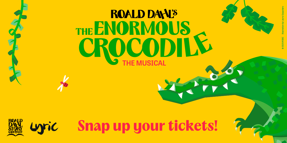 A large, vibrant illustration of The Enormous Crocodile, featuring green scales and a mischievous expression.