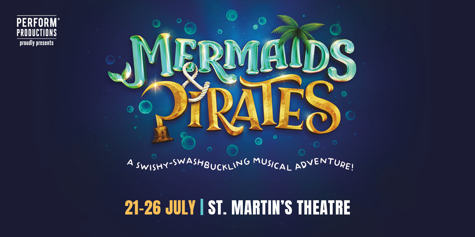 A vibrant underwater scene featuring colourful mermaids and pirates interacting amidst coral reefs and marine life.