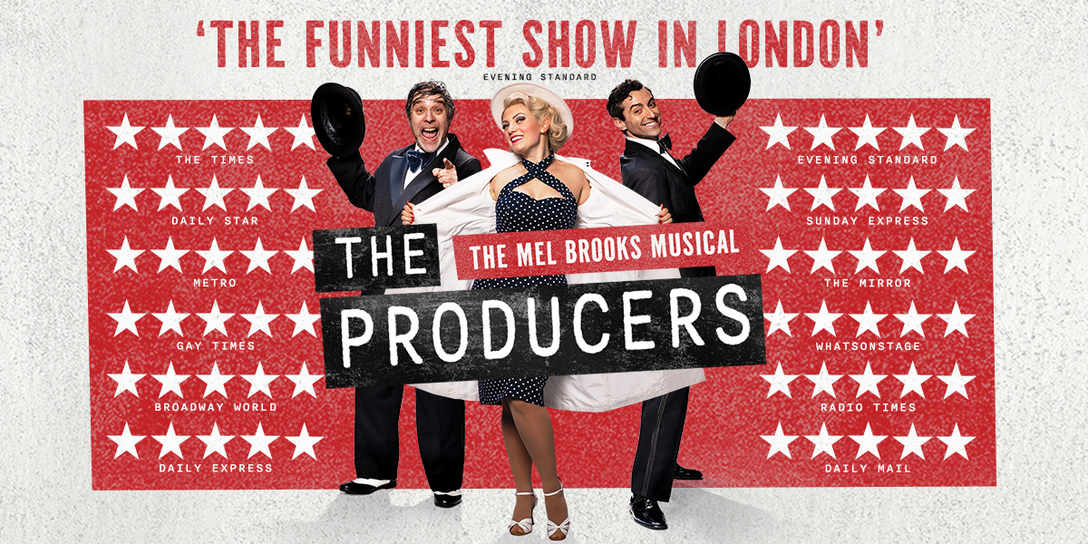 A vibrant stage scene from "The Producers," featuring colourful costumes and dynamic poses by performers.