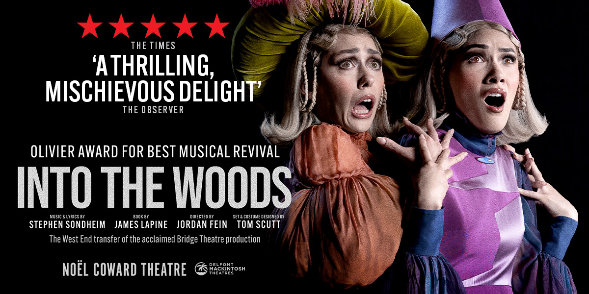 A vibrant ticket button for "Into The Woods," featuring bold text and a forest-themed background.