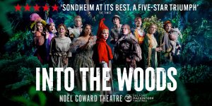 Updated ticket buttons for "Into The Woods," featuring vibrant colours and clear text on a simple background.