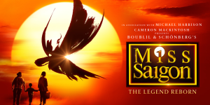A silhouette of a bird can be seen against a bright sunset. On the right reads 'Miss Saigon'.