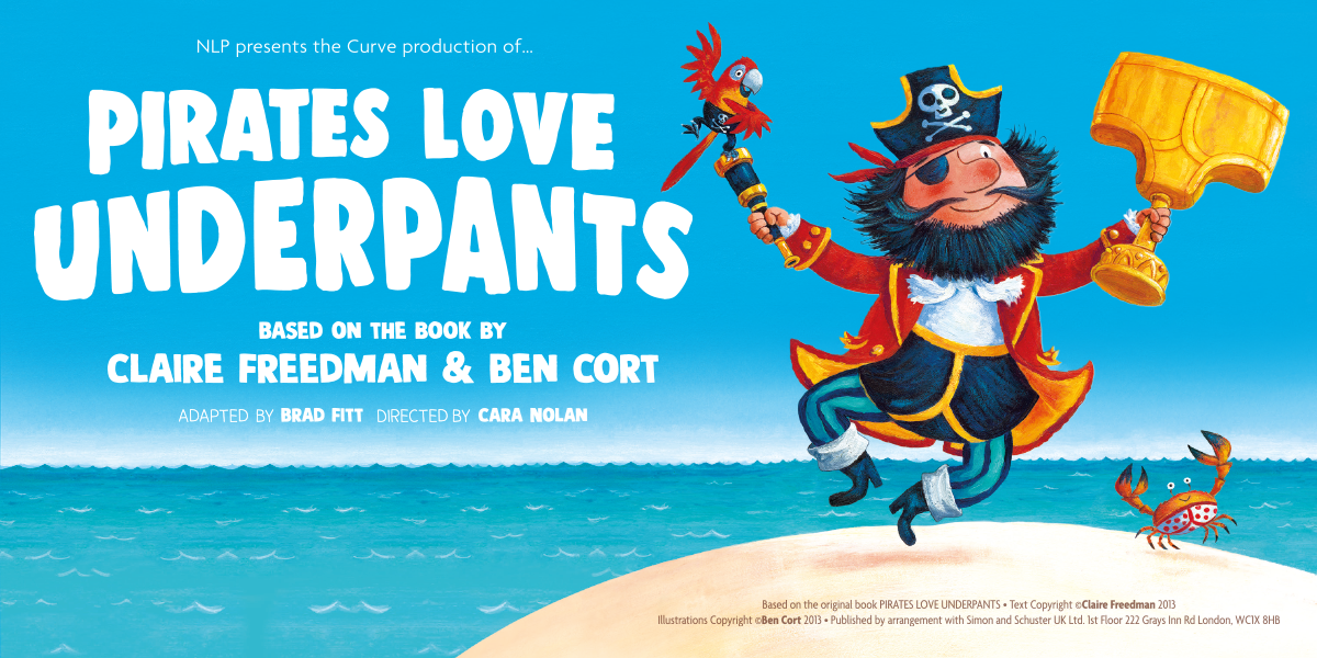 Colourful illustration of pirates joyfully holding underpants, set against a whimsical ocean background with playful waves.