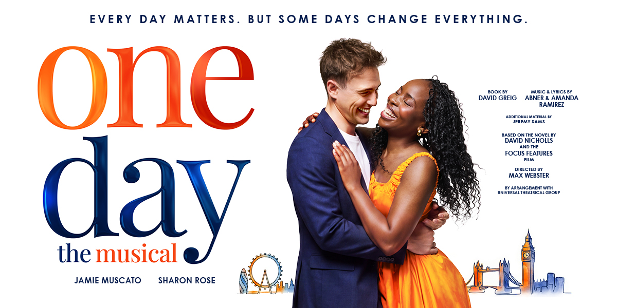 Promotional banner for "One Day - The Musical" featuring vibrant colours and dynamic typography.