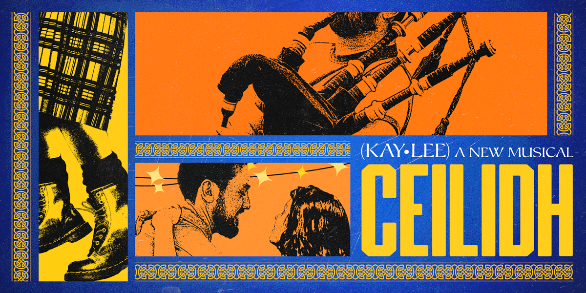 A lively ceilidh dance with participants in traditional attire, colourful decorations, and a wooden floor background.