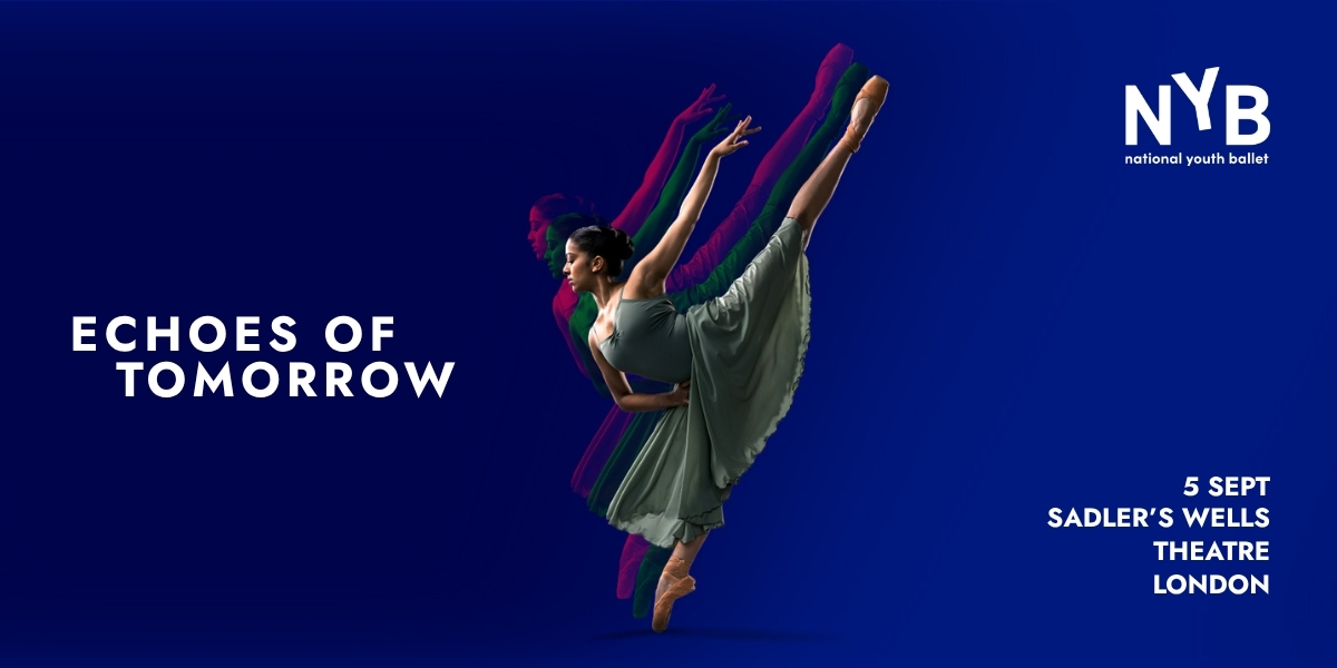 A dancer in a flowing green dress performs an elegant pose against a blue background, promoting "Echoes of Tomorrow.