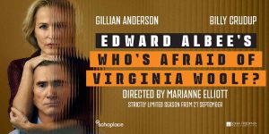 Gillian Anderson and Billy Crudup pose together, with a textured background, promoting "Who's Afraid of Virginia Woolf?