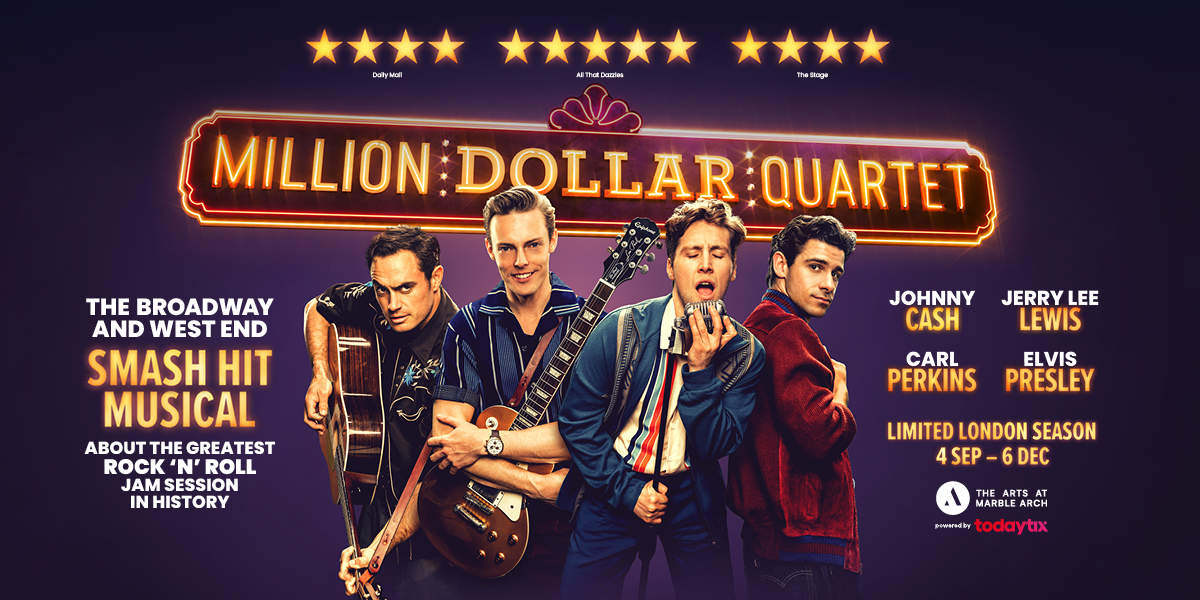 A lively scene from "Million Dollar Quartet" featuring four musicians performing on stage with instruments.