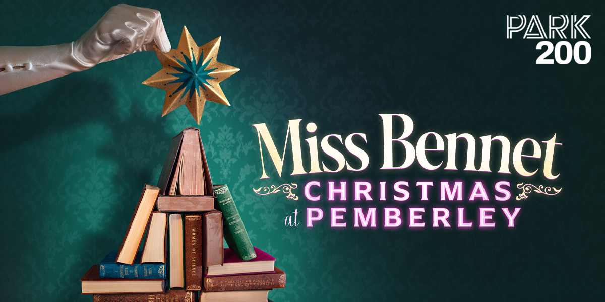 Miss Bennet stands elegantly in a festive setting, adorned in a green dress with intricate details.