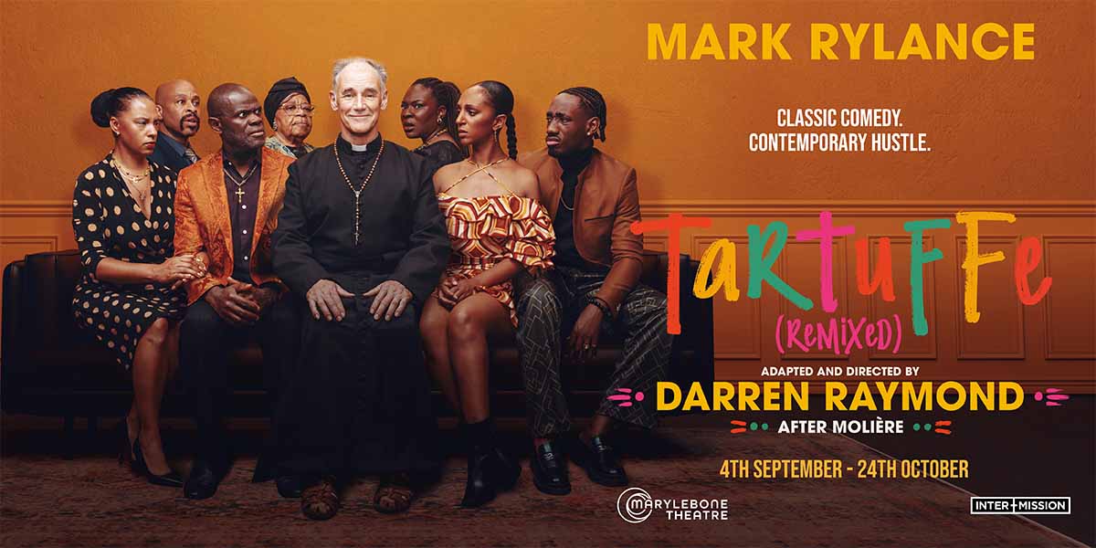 A diverse cast poses together, featuring Mark Rylance in clerical attire, against a warm orange background.