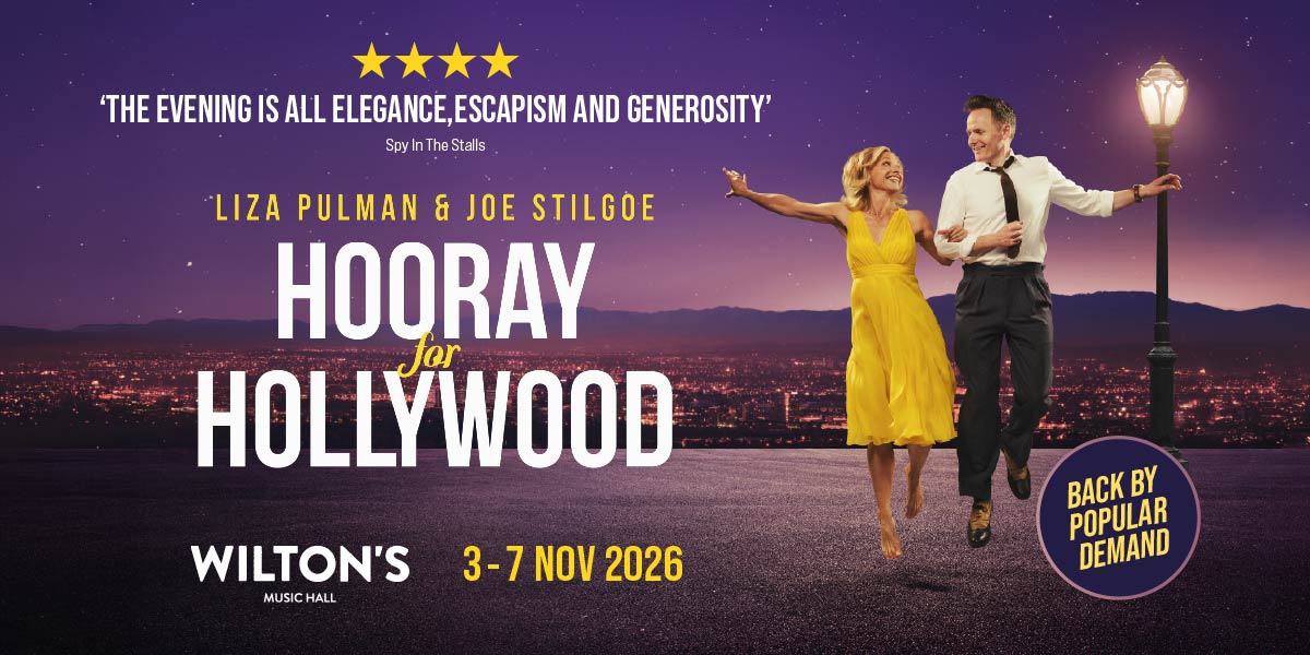 A vibrant banner featuring "Hooray For Hollywood" text, with a starry background and film reel motifs.